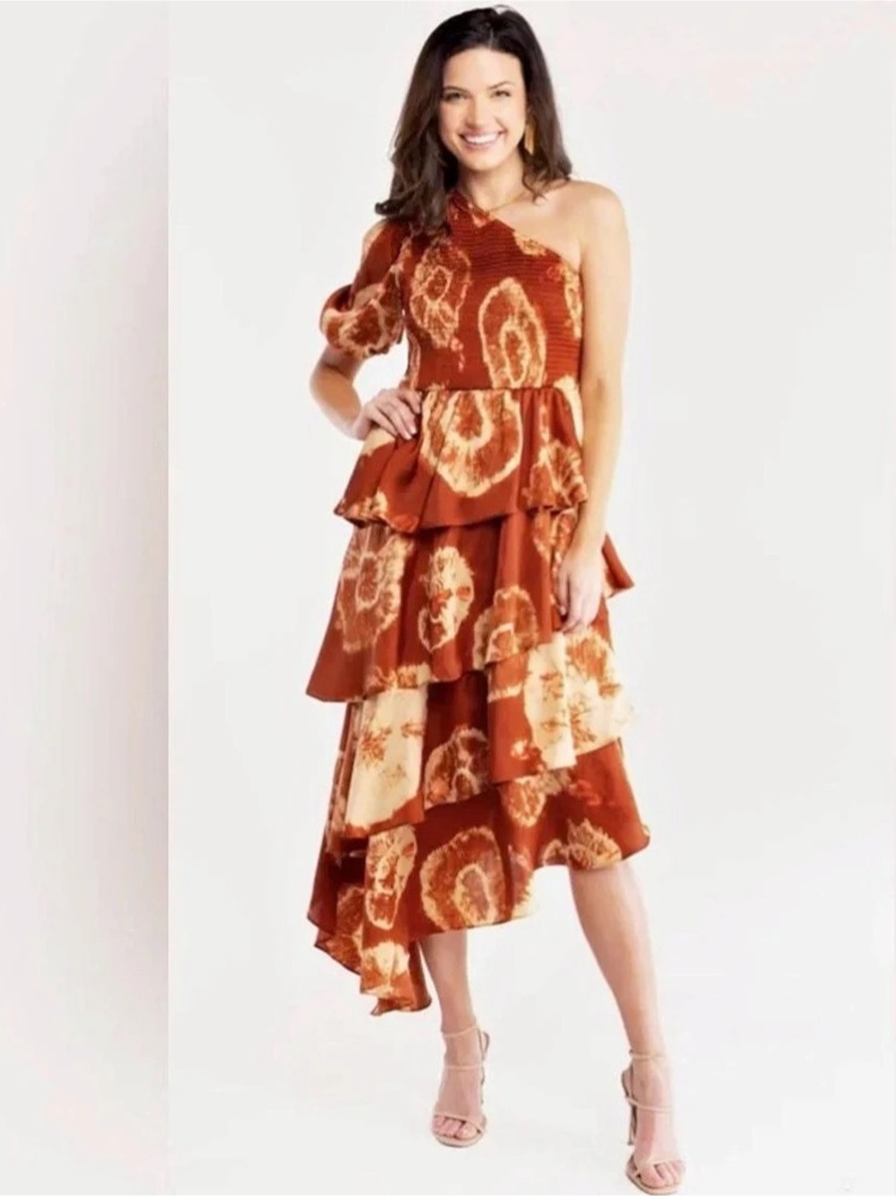 Alden & Iris Abstract Tiered Midi Dress in Brown & Orange Size Medium